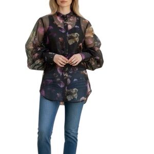 Equipment Boleyn Button Front Floral Sheer Silk Blouse True Black Multi Size XS